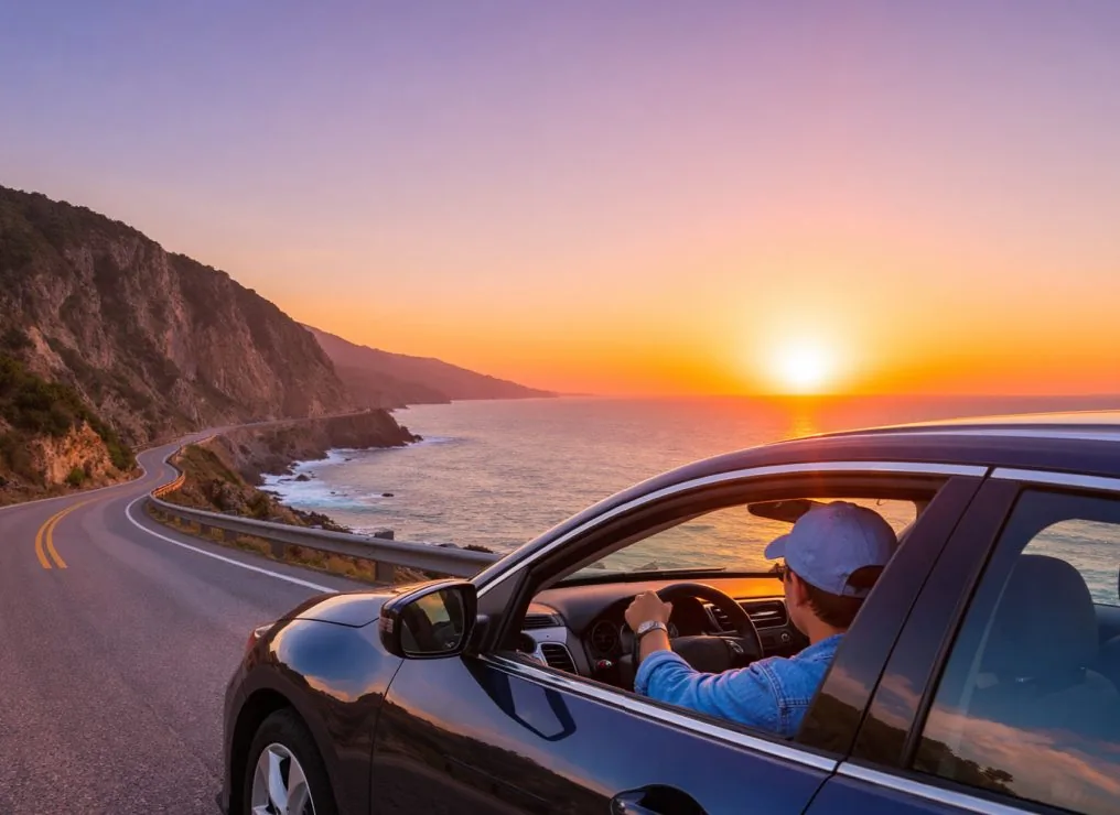 Driver on a coastal highway at sunset