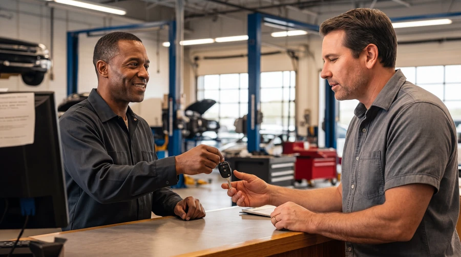 Service writer reviewing a repair invoice with a customer at the shop counter